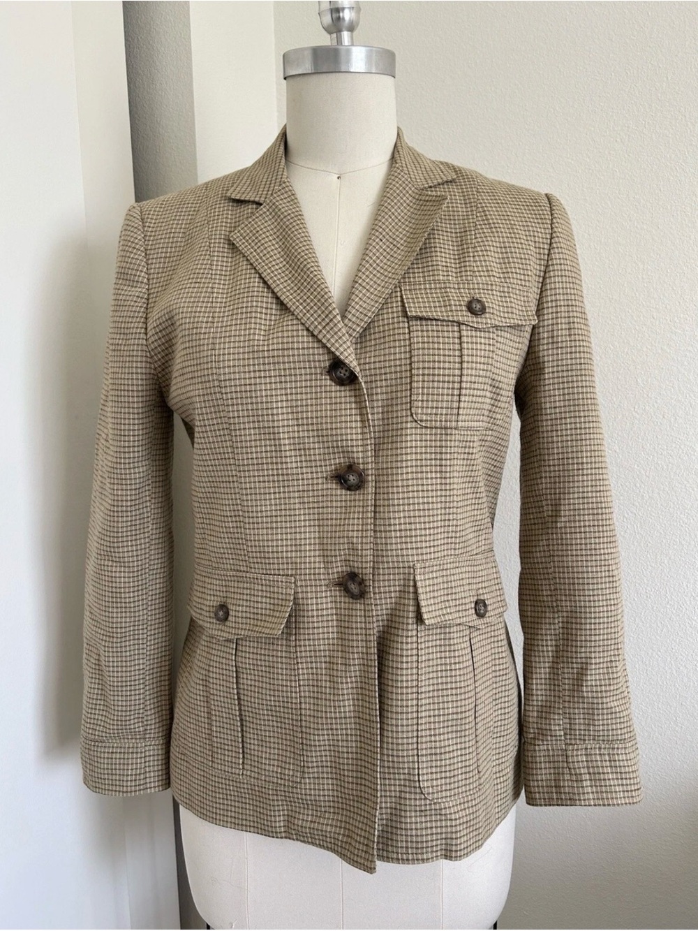 Lauren Ralph Lauren Blazer Womens 4 Linen Cotton Blend Plaid Brown Beige Tan
